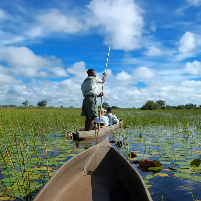 Varen in een mokoro in de Okavango Delta, Botswana.