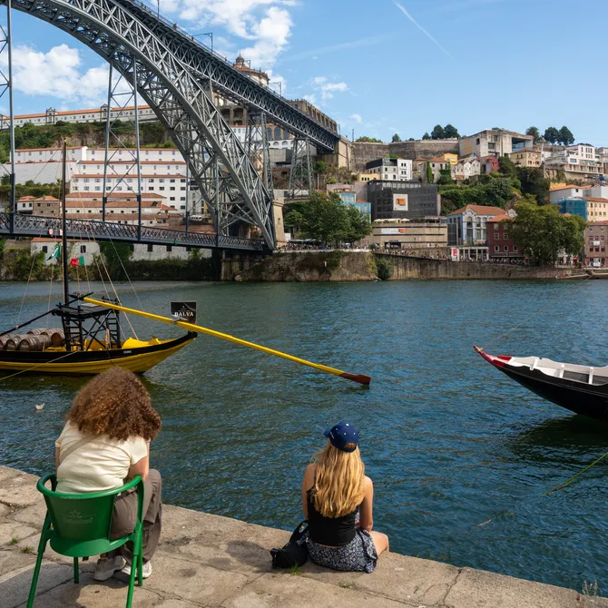 Zitten bij de rivier in Porto