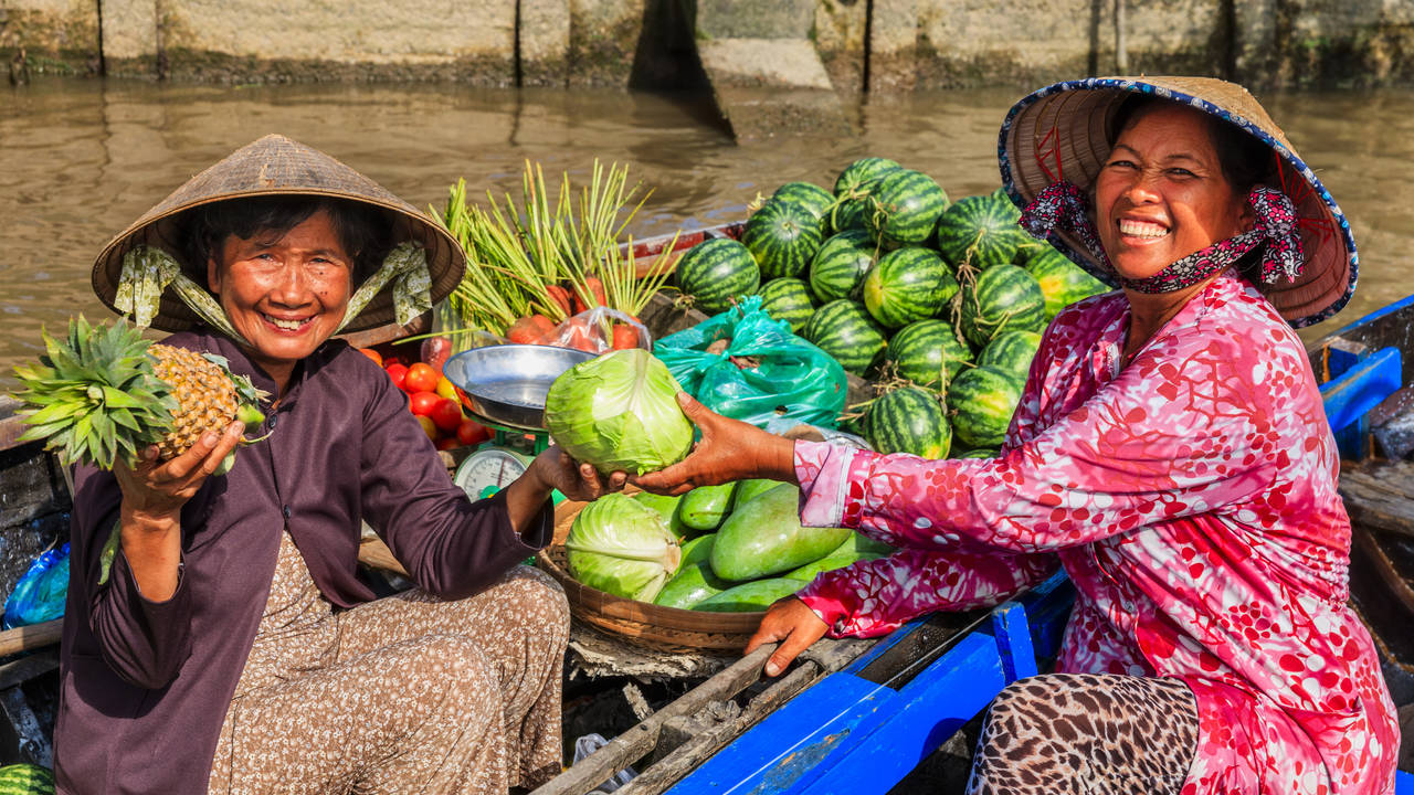 Vietnamese verkoopsters in de Mekong Delta